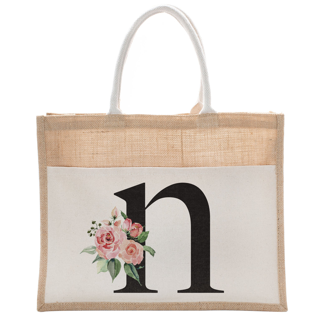 Daily Use Canvas Tote Bag With Floral Initial For Beach Workout Yoga Vacation Gym | Luxury Totes Gift for Christmas Events and Parties