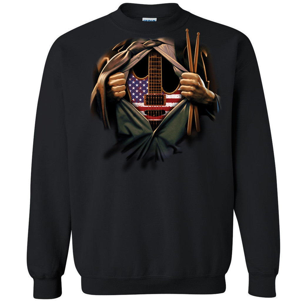 Zexpa Apparelâ„¢ Music In Me Unisex Crewneck Drummer Guitarist Musician USA Flag Sweatshirt - Zexpa Apparel Halloween Christmas Shirts
