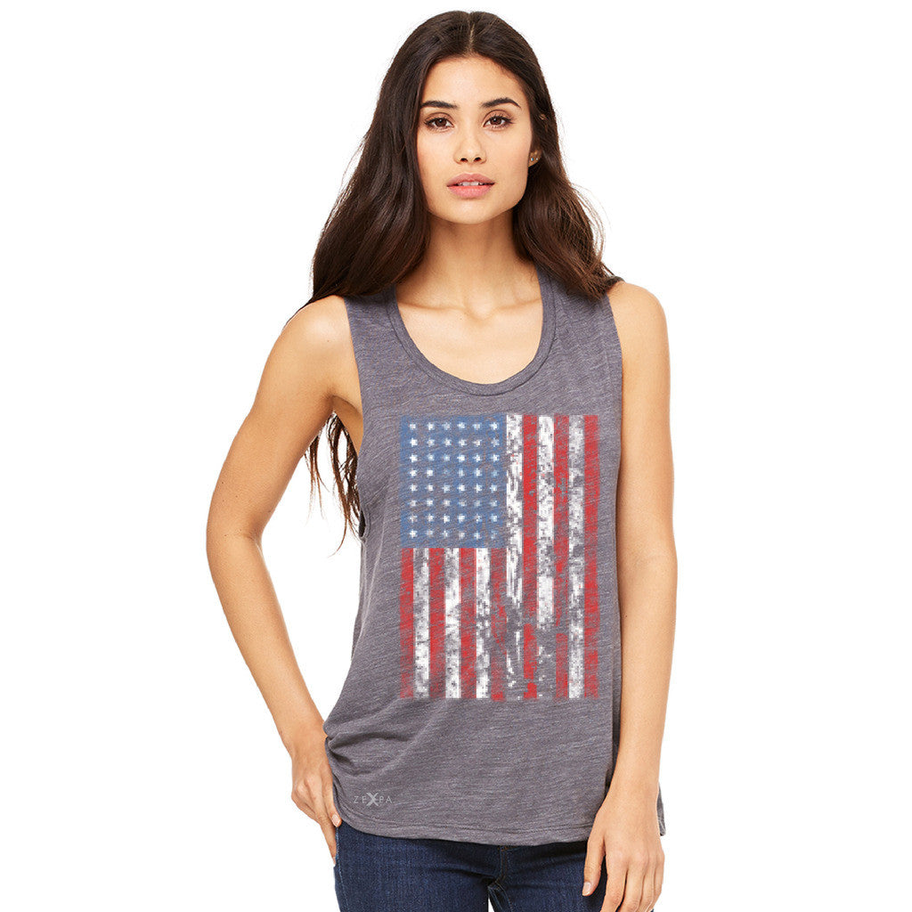 Distressed USA Flag 4th of July Women's Muscle Tee Patriotic Sleeveless - Zexpa Apparel Halloween Christmas Shirts