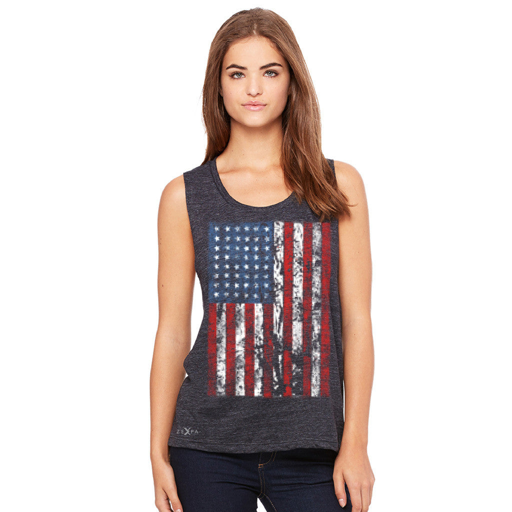 Distressed USA Flag 4th of July Women's Muscle Tee Patriotic Sleeveless - zexpaapparel - 2