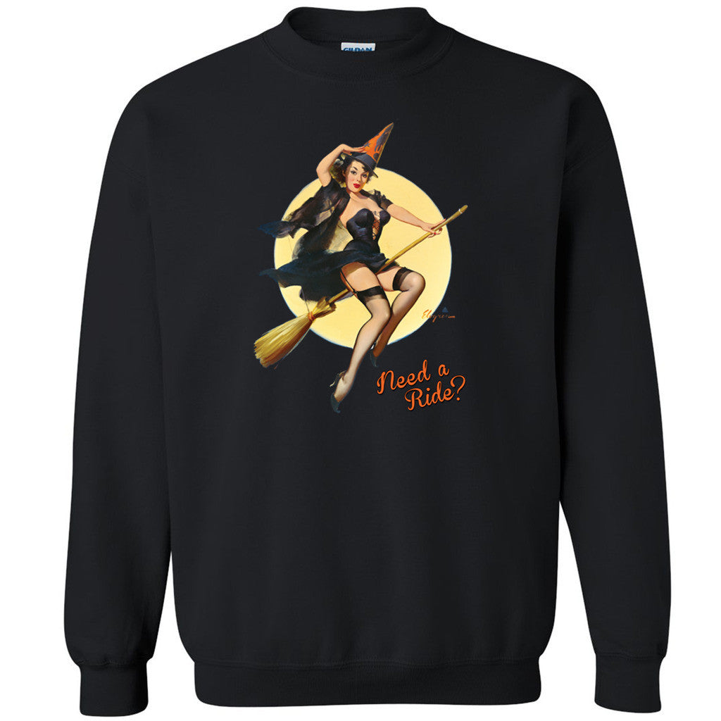 Pin Up Riding High Unisex Crewneck Halloween Need A Ride Witch Sweatshirt - Zexpa Apparel