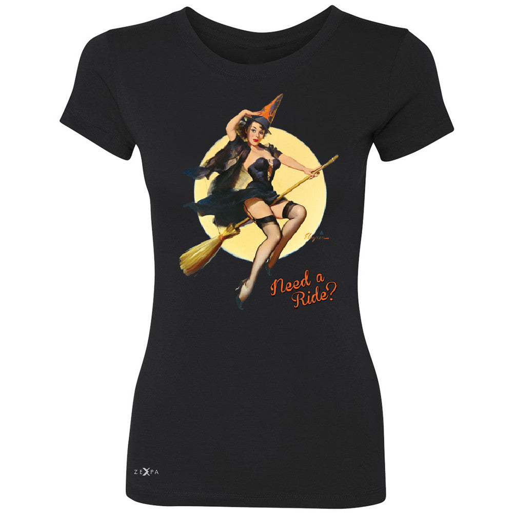 Pin-Up Riding High Women's T-shirt Halloween Witch Magic Broom Tee - Zexpa Apparel - 1