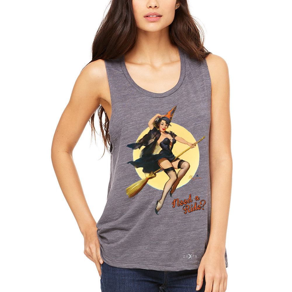 Pin-Up Riding High Women's Muscle Tee Halloween Witch Magic Broom Tanks - Zexpa Apparel - 2