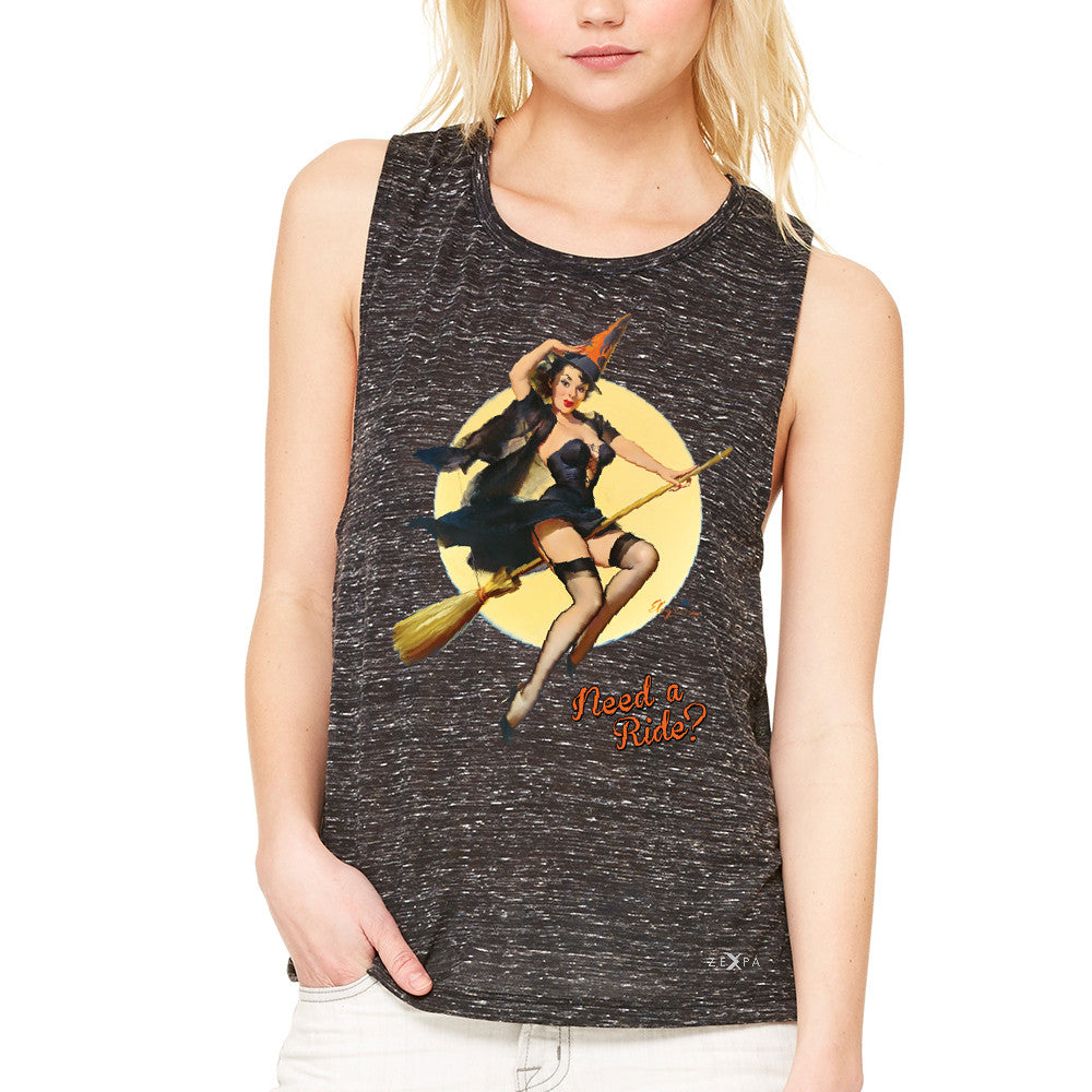 Pin-Up Riding High Women's Muscle Tee Halloween Witch Magic Broom Tanks - Zexpa Apparel - 3
