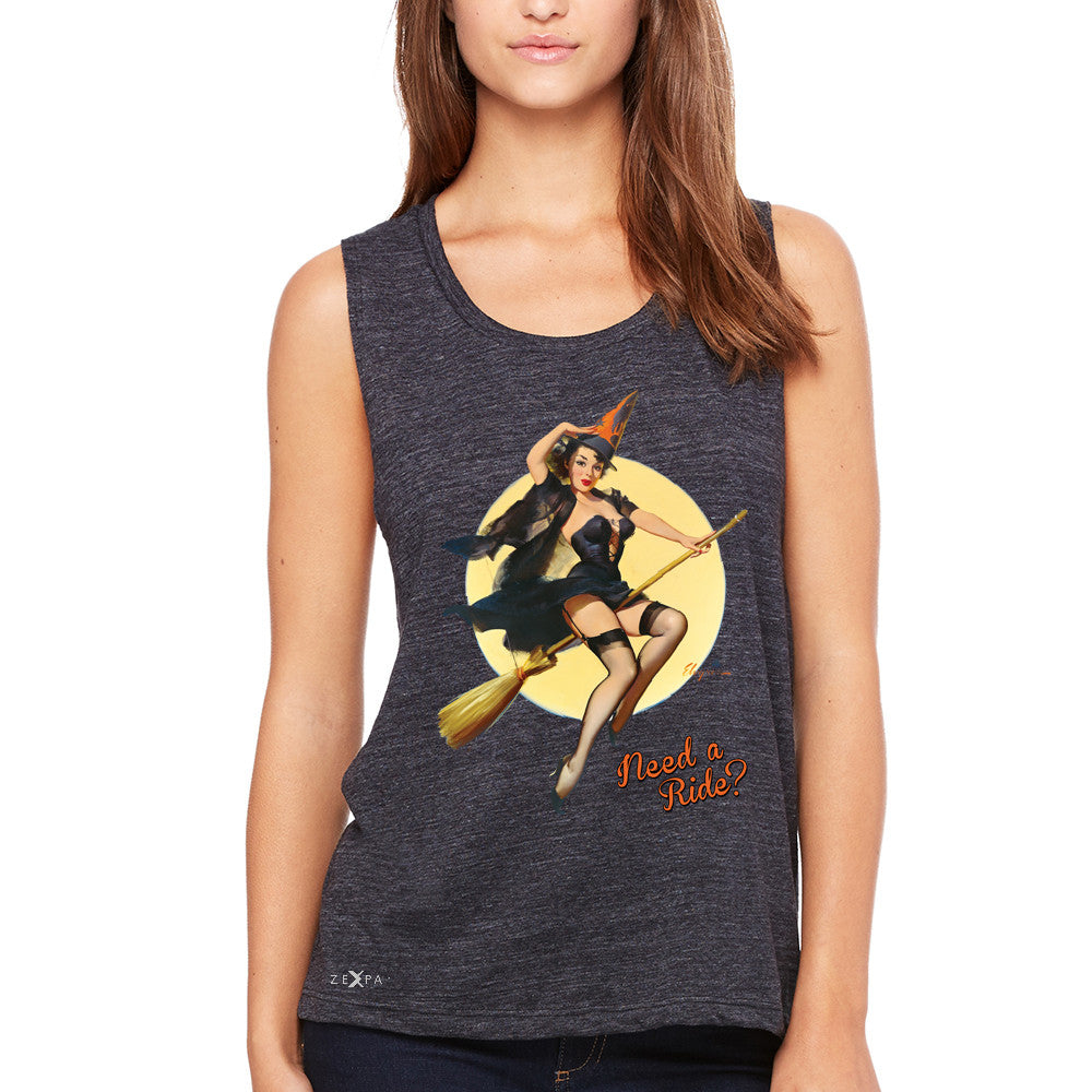 Pin-Up Riding High Women's Muscle Tee Halloween Witch Magic Broom Tanks - Zexpa Apparel - 1