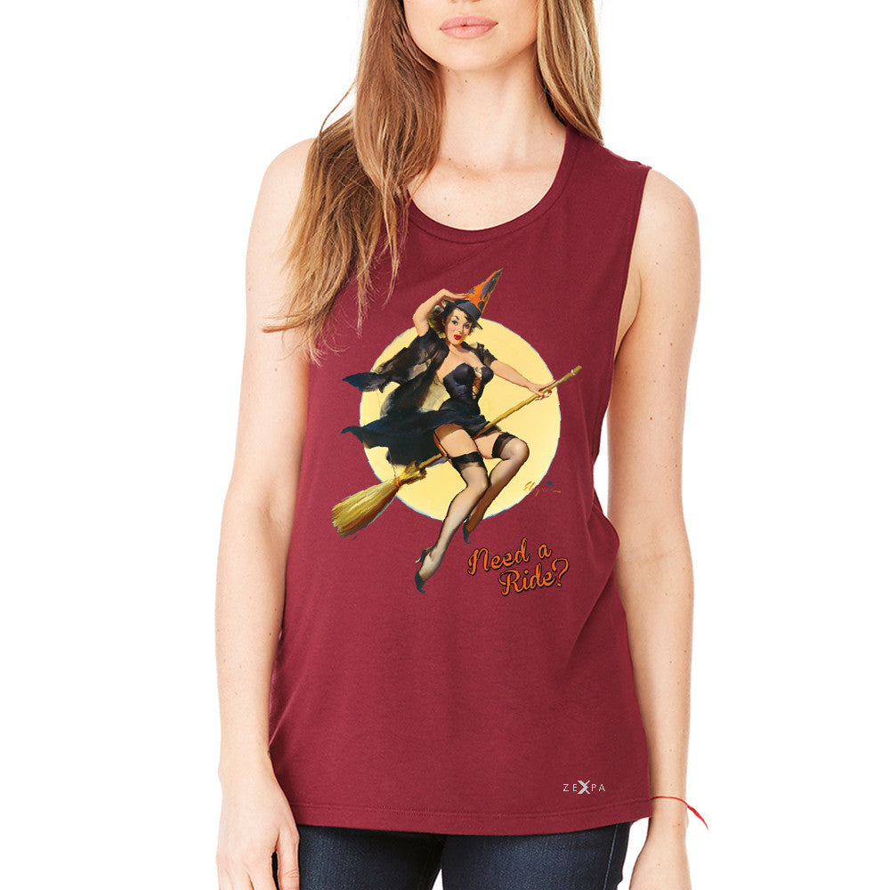 Pin-Up Riding High Women's Muscle Tee Halloween Witch Magic Broom Tanks - Zexpa Apparel - 4