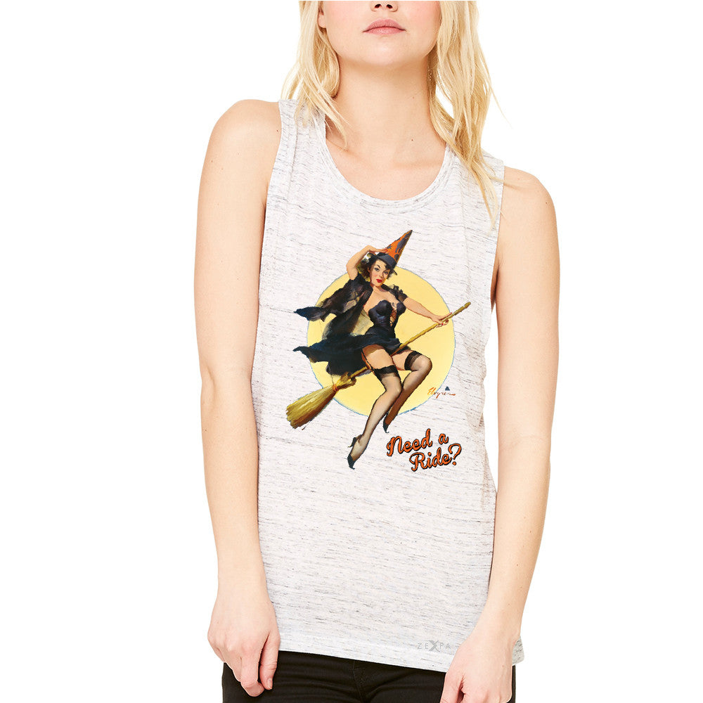 Pin-Up Riding High Women's Muscle Tee Halloween Witch Magic Broom Tanks - Zexpa Apparel - 5