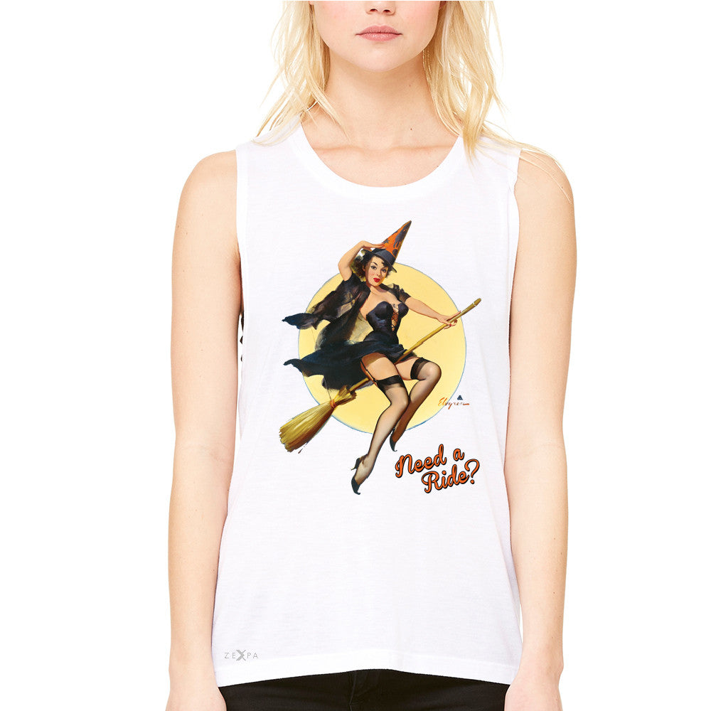 Pin-Up Riding High Women's Muscle Tee Halloween Witch Magic Broom Tanks - Zexpa Apparel - 6