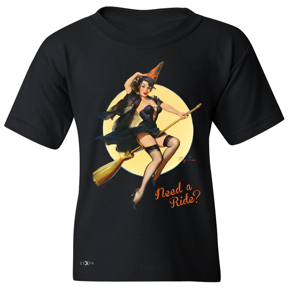 Pin-Up Riding High Youth T-shirt Halloween Witch Magic Broom Tee - Zexpa Apparel - 1