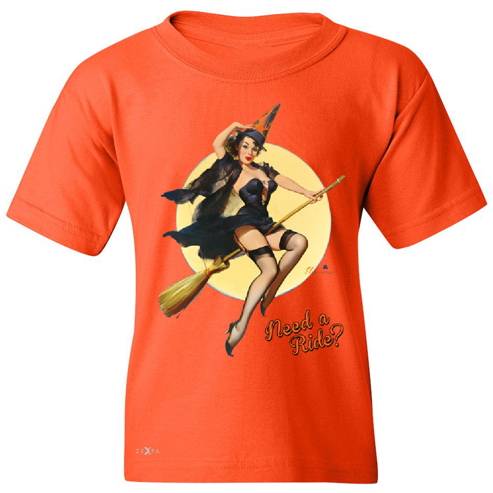 Pin-Up Riding High Youth T-shirt Halloween Witch Magic Broom Tee - Zexpa Apparel - 2