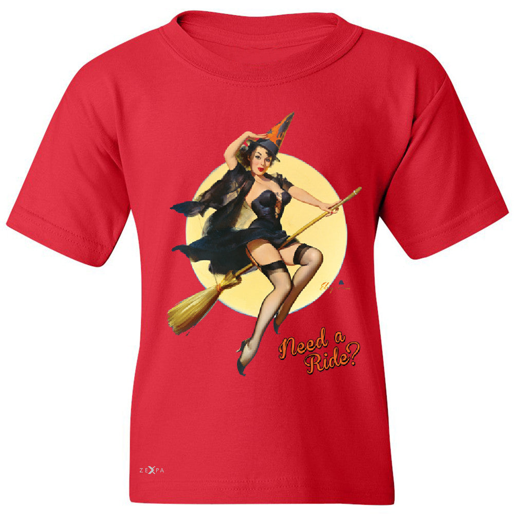 Pin-Up Riding High Youth T-shirt Halloween Witch Magic Broom Tee - Zexpa Apparel - 4