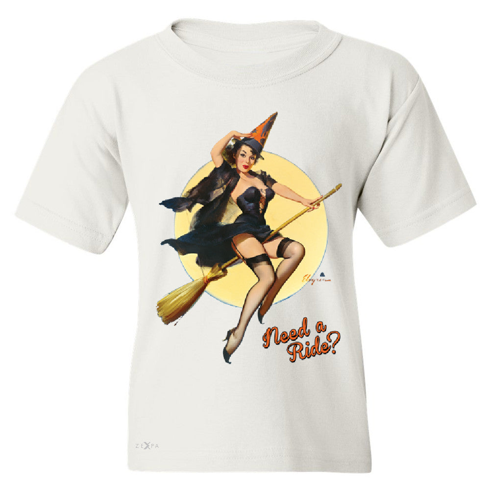 Pin-Up Riding High Youth T-shirt Halloween Witch Magic Broom Tee - Zexpa Apparel - 5