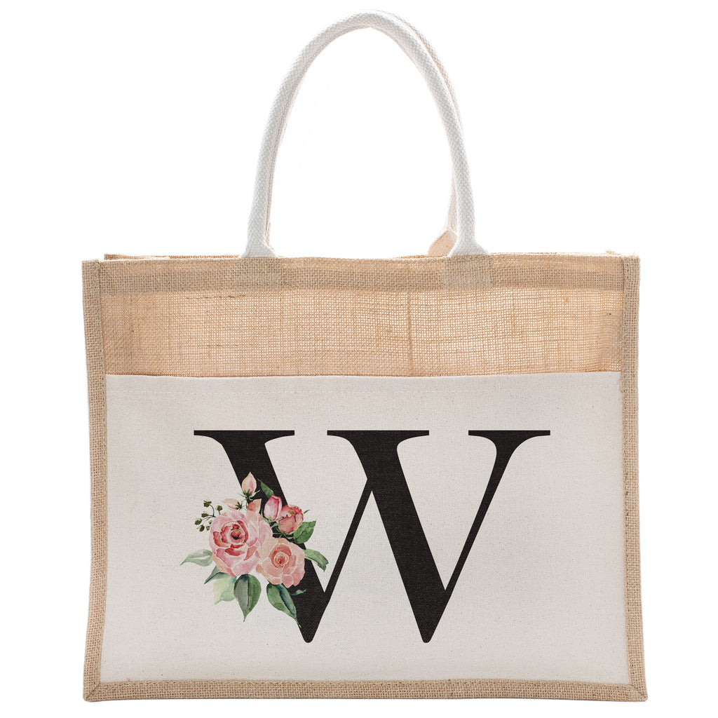 Daily Use Canvas Tote Bag With Floral Initial For Beach Workout Yoga Vacation Gym | Luxury Totes Gift for Christmas Events and Parties