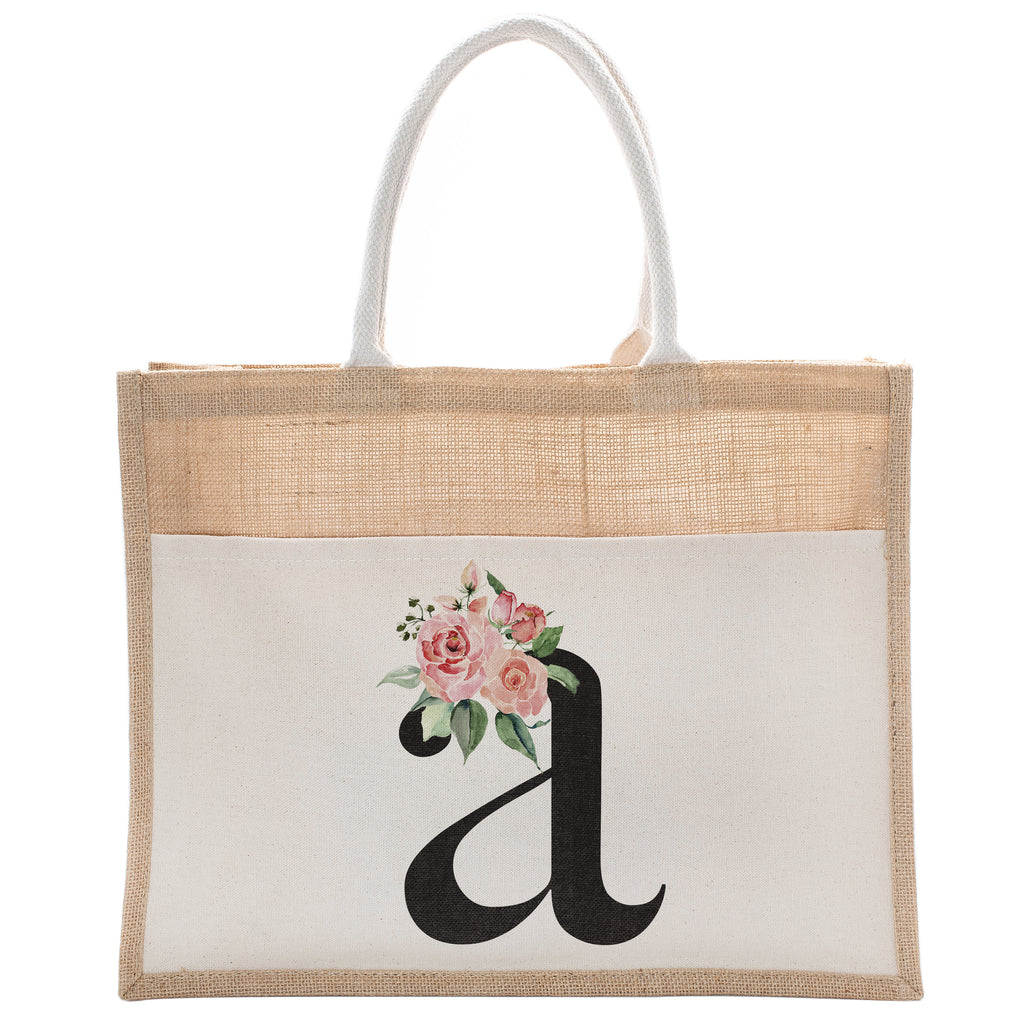 Daily Use Canvas Tote Bag With Floral Initial For Beach Workout Yoga Vacation Gym | Luxury Totes Gift for Christmas Events and Parties