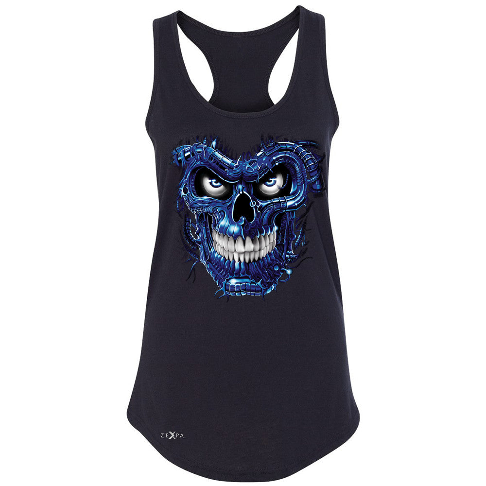 Blue Terminator Skull Women's Racerback Sugar Day of The Death Sleeveless - Zexpa Apparel Halloween Christmas Shirts