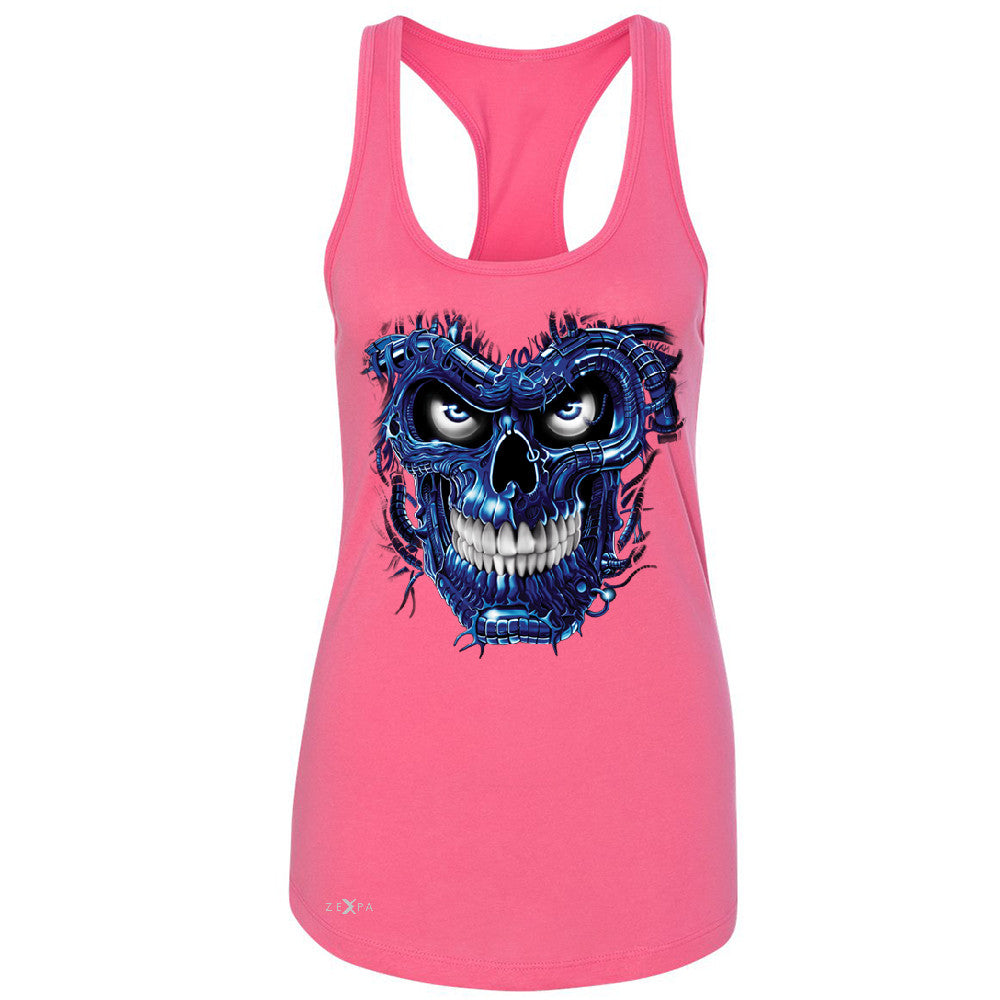 Blue Terminator Skull Women's Racerback Sugar Day of The Death Sleeveless - Zexpa Apparel Halloween Christmas Shirts