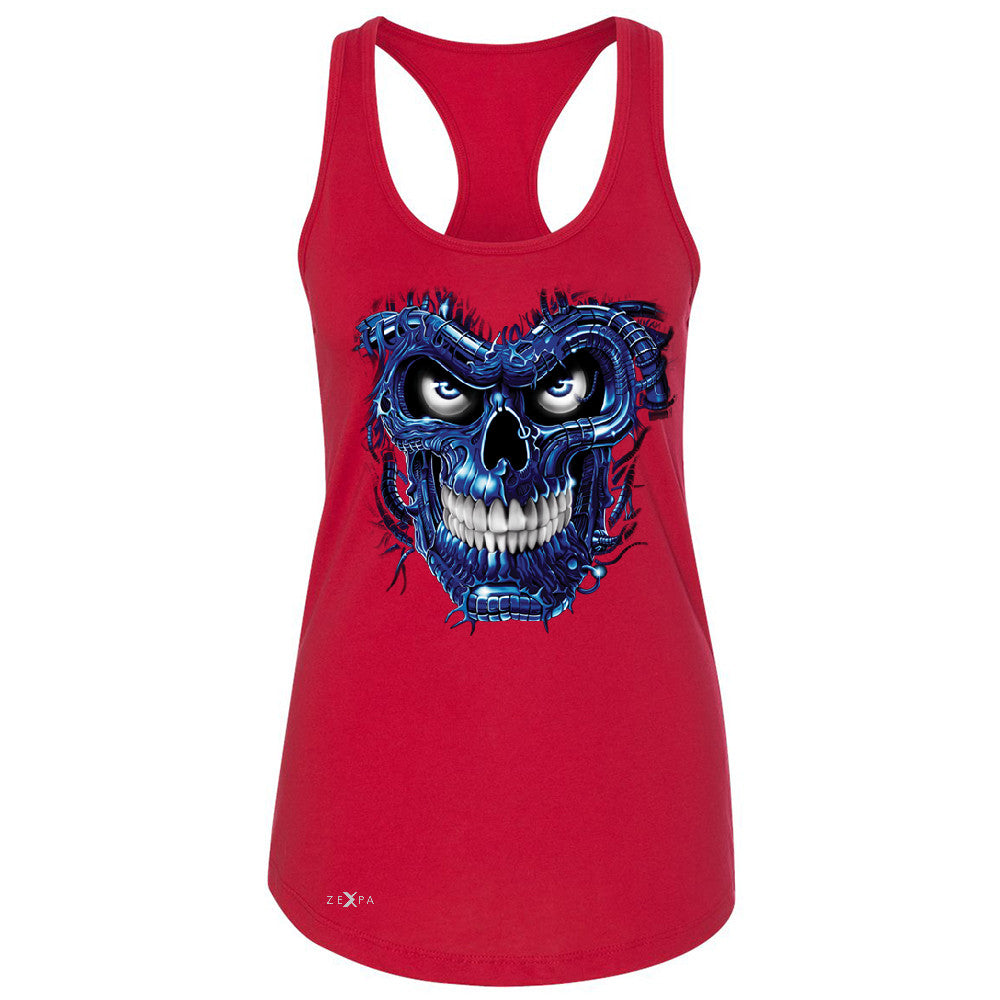 Blue Terminator Skull Women's Racerback Sugar Day of The Death Sleeveless - Zexpa Apparel Halloween Christmas Shirts