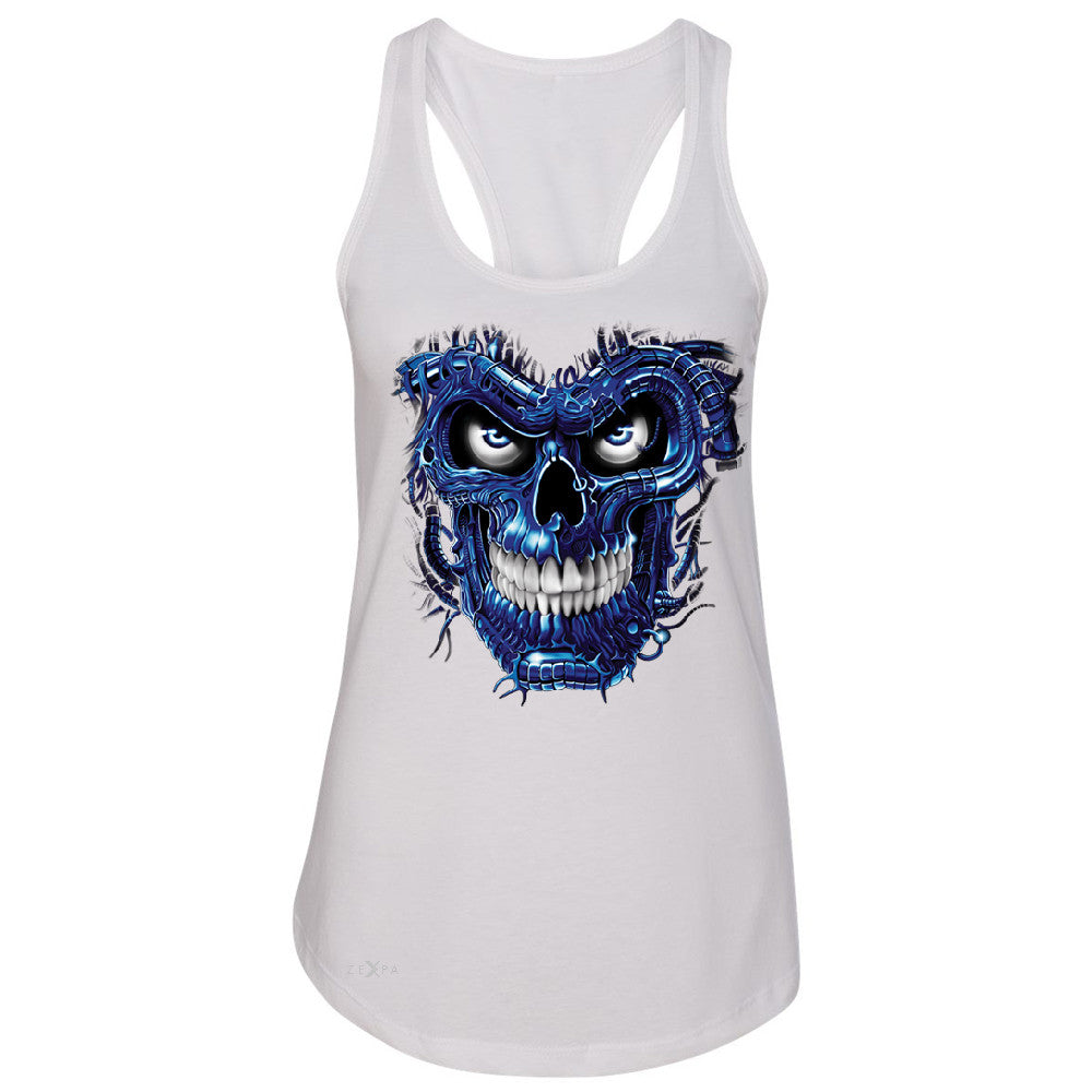 Blue Terminator Skull Women's Racerback Sugar Day of The Death Sleeveless - Zexpa Apparel Halloween Christmas Shirts