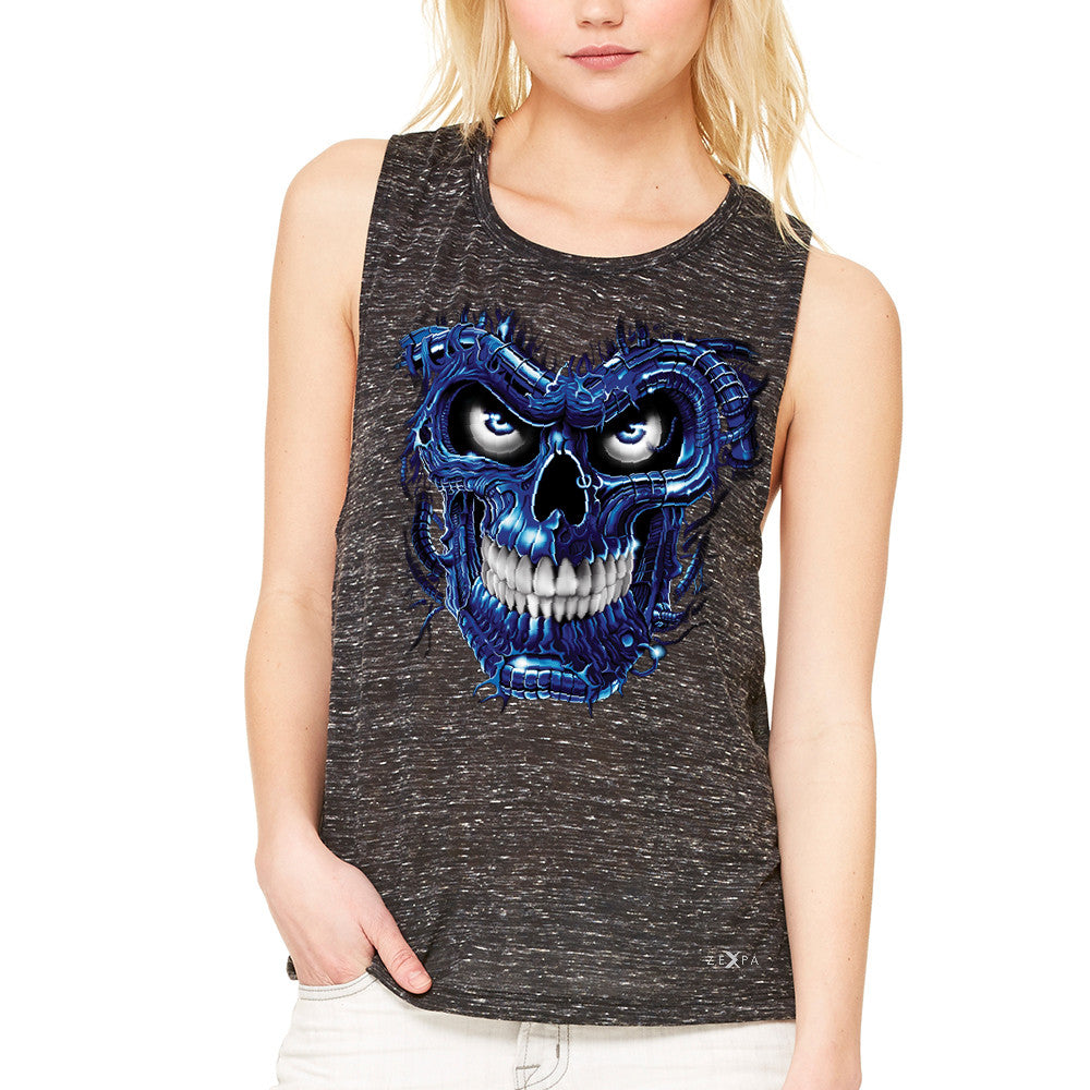 Blue Terminator Skull Women's Muscle Tee Sugar Day of The Death Tanks - Zexpa Apparel Halloween Christmas Shirts