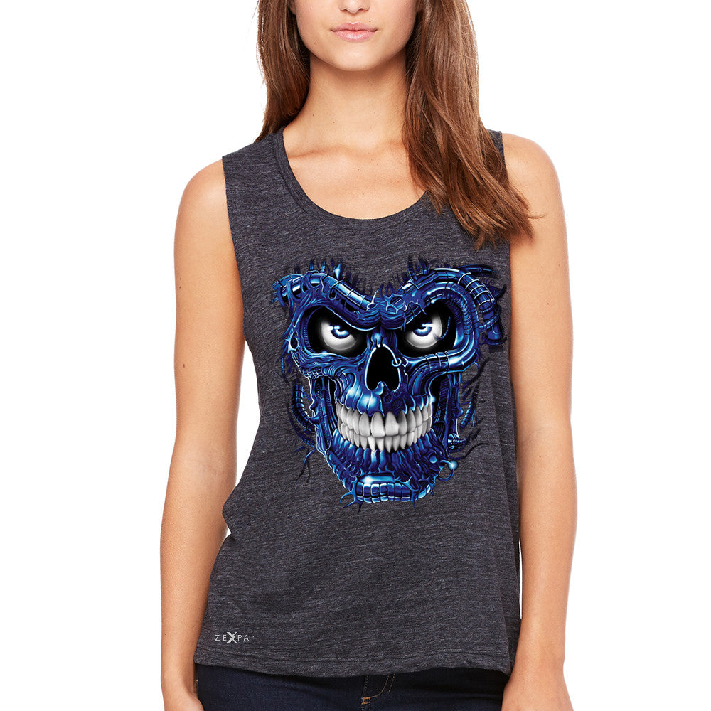 Blue Terminator Skull Women's Muscle Tee Sugar Day of The Death Tanks - Zexpa Apparel Halloween Christmas Shirts