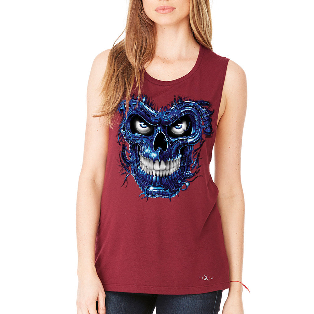 Blue Terminator Skull Women's Muscle Tee Sugar Day of The Death Tanks - Zexpa Apparel Halloween Christmas Shirts