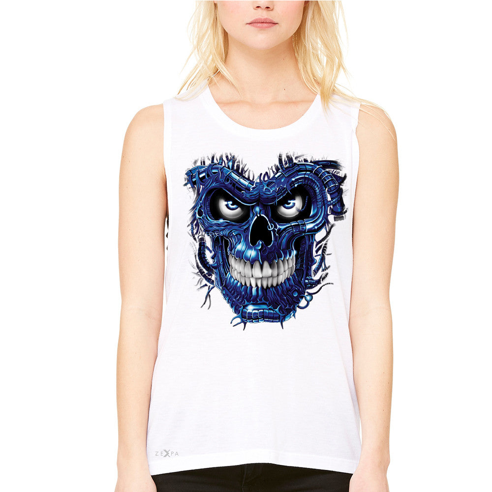 Blue Terminator Skull Women's Muscle Tee Sugar Day of The Death Tanks - Zexpa Apparel Halloween Christmas Shirts