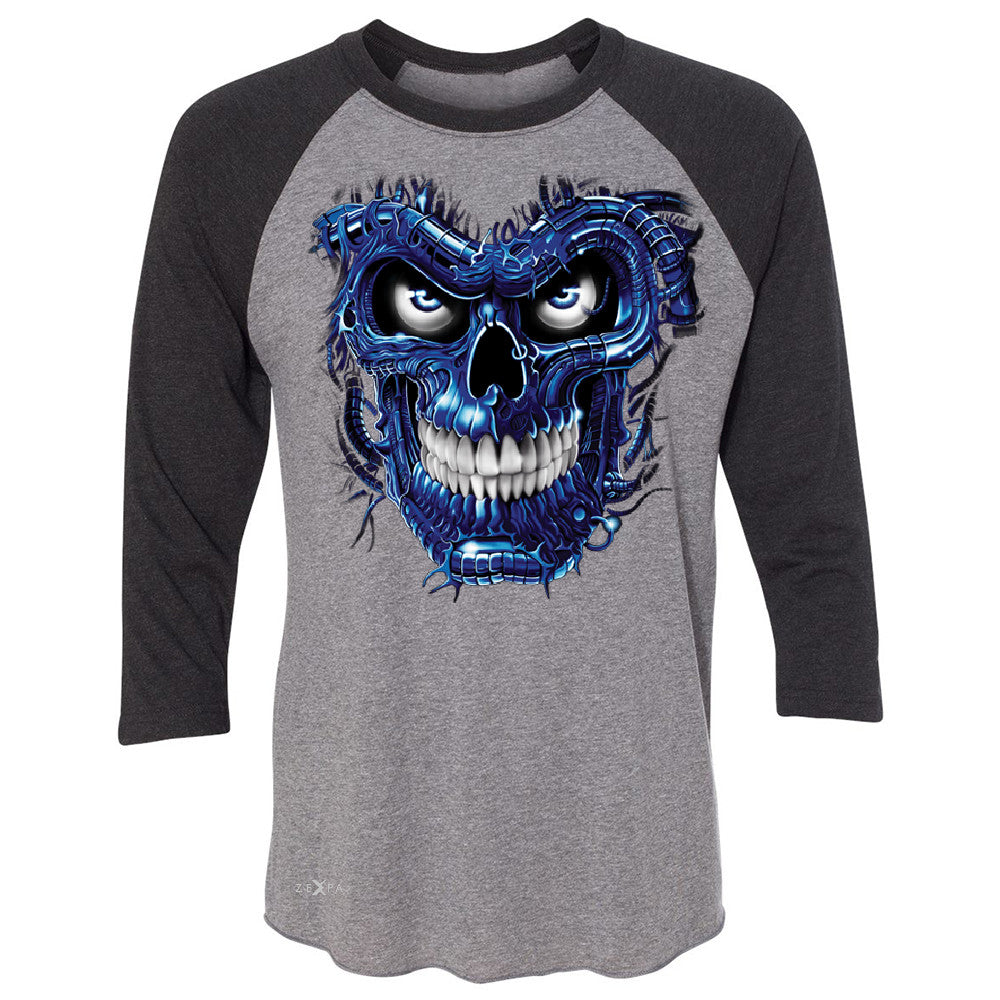 Blue Terminator Skull 3/4 Sleevee Raglan Tee Sugar Day of The Death Tee - Zexpa Apparel Halloween Christmas Shirts