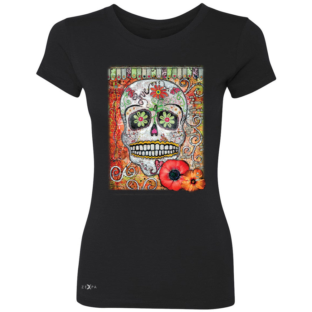 Love Skull with Flower Women's T-shirt Day Of The Dead Oct 31 Tee - Zexpa Apparel - 1