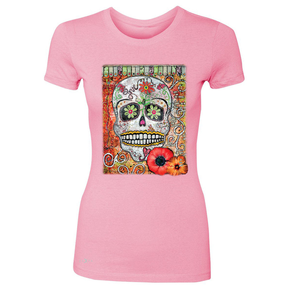 Love Skull with Flower Women's T-shirt Day Of The Dead Oct 31 Tee - Zexpa Apparel - 3