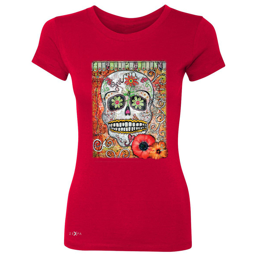 Love Skull with Flower Women's T-shirt Day Of The Dead Oct 31 Tee - Zexpa Apparel - 4
