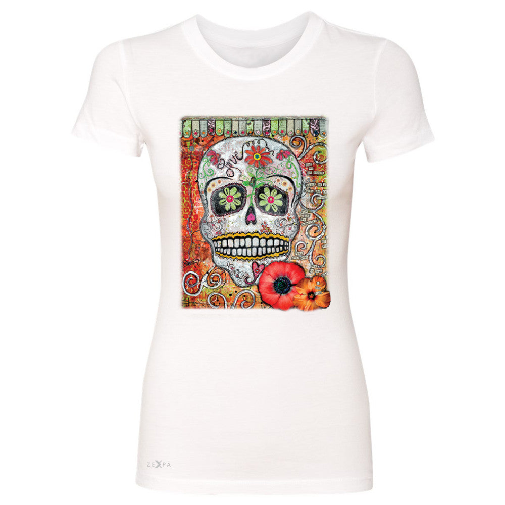 Love Skull with Flower Women's T-shirt Day Of The Dead Oct 31 Tee - Zexpa Apparel - 5