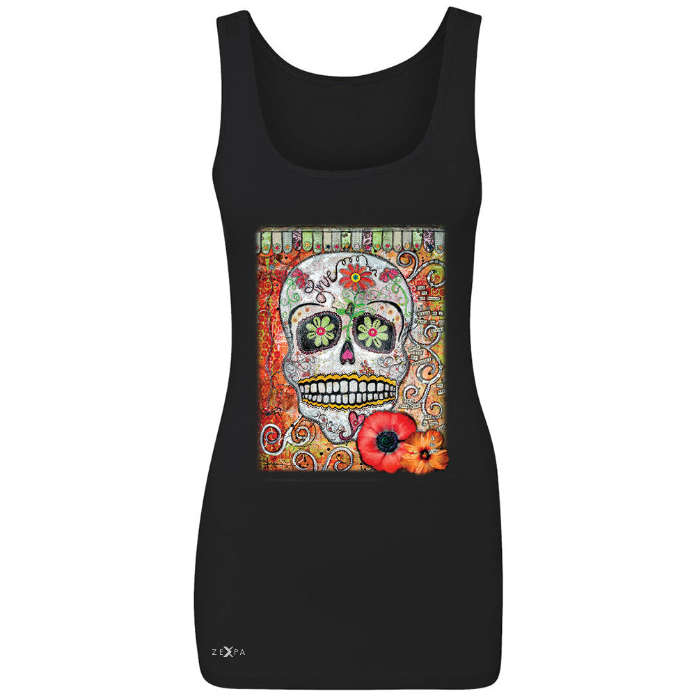 Love Skull with Flower Women's Tank Top Day Of The Dead Oct 31 Sleeveless - Zexpa Apparel - 1