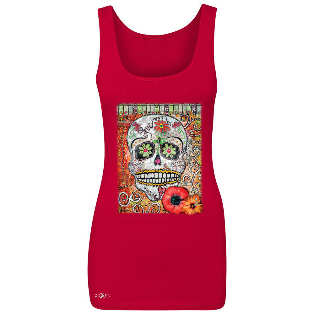 Love Skull with Flower Women's Tank Top Day Of The Dead Oct 31 Sleeveless - Zexpa Apparel - 3