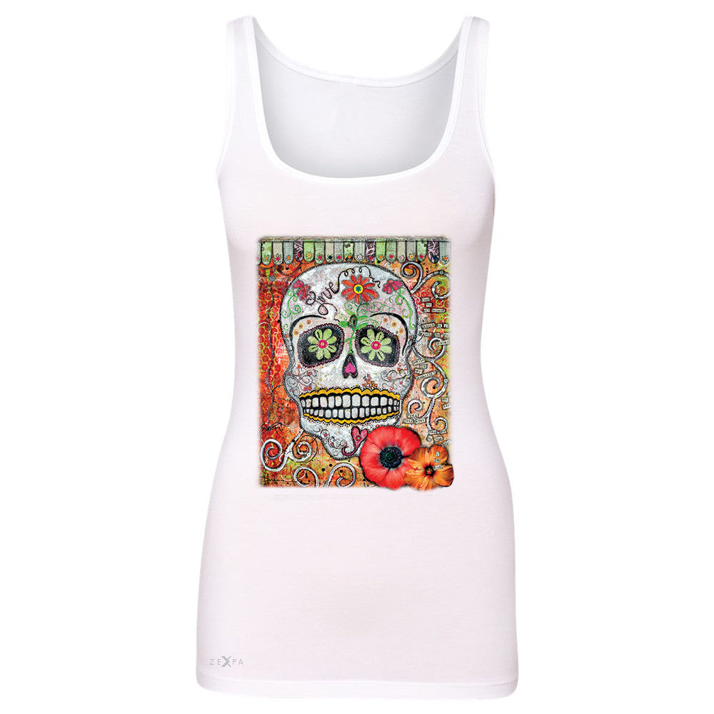 Love Skull with Flower Women's Tank Top Day Of The Dead Oct 31 Sleeveless - Zexpa Apparel - 4