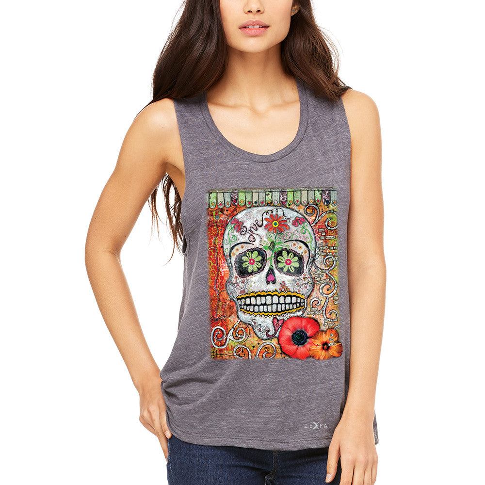 Love Skull with Flower Women's Muscle Tee Day Of The Dead Oct 31 Tanks - Zexpa Apparel - 2