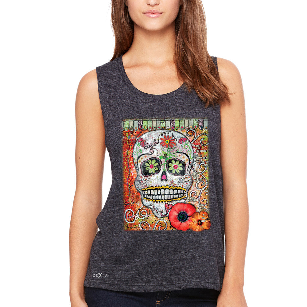 Love Skull with Flower Women's Muscle Tee Day Of The Dead Oct 31 Tanks - Zexpa Apparel - 1