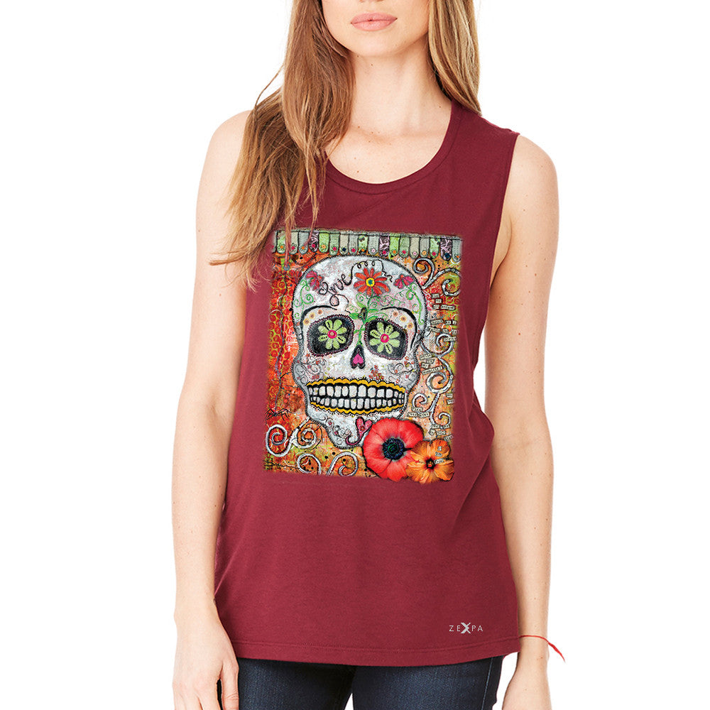 Love Skull with Flower Women's Muscle Tee Day Of The Dead Oct 31 Tanks - Zexpa Apparel - 4