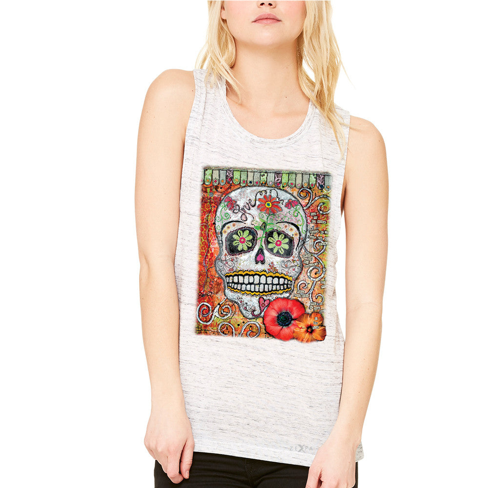 Love Skull with Flower Women's Muscle Tee Day Of The Dead Oct 31 Tanks - Zexpa Apparel - 5
