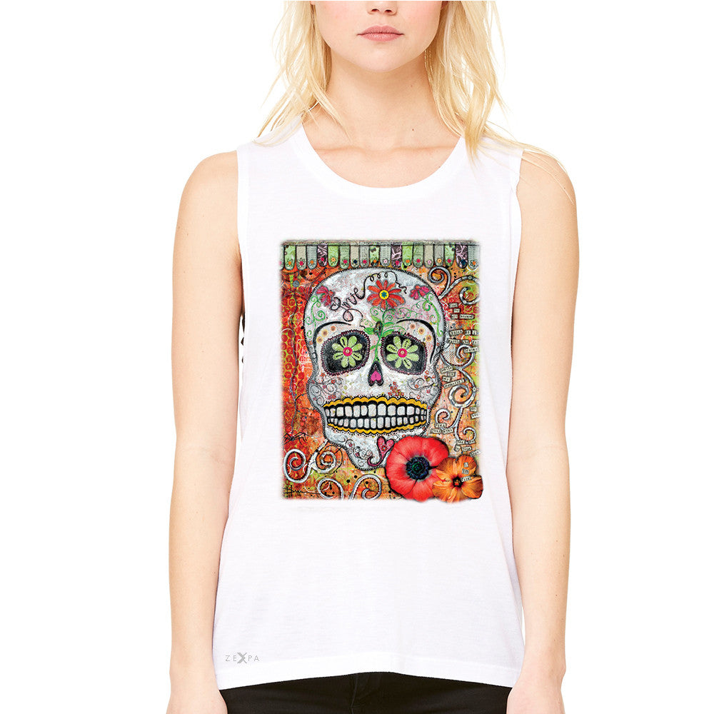 Love Skull with Flower Women's Muscle Tee Day Of The Dead Oct 31 Tanks - Zexpa Apparel - 6