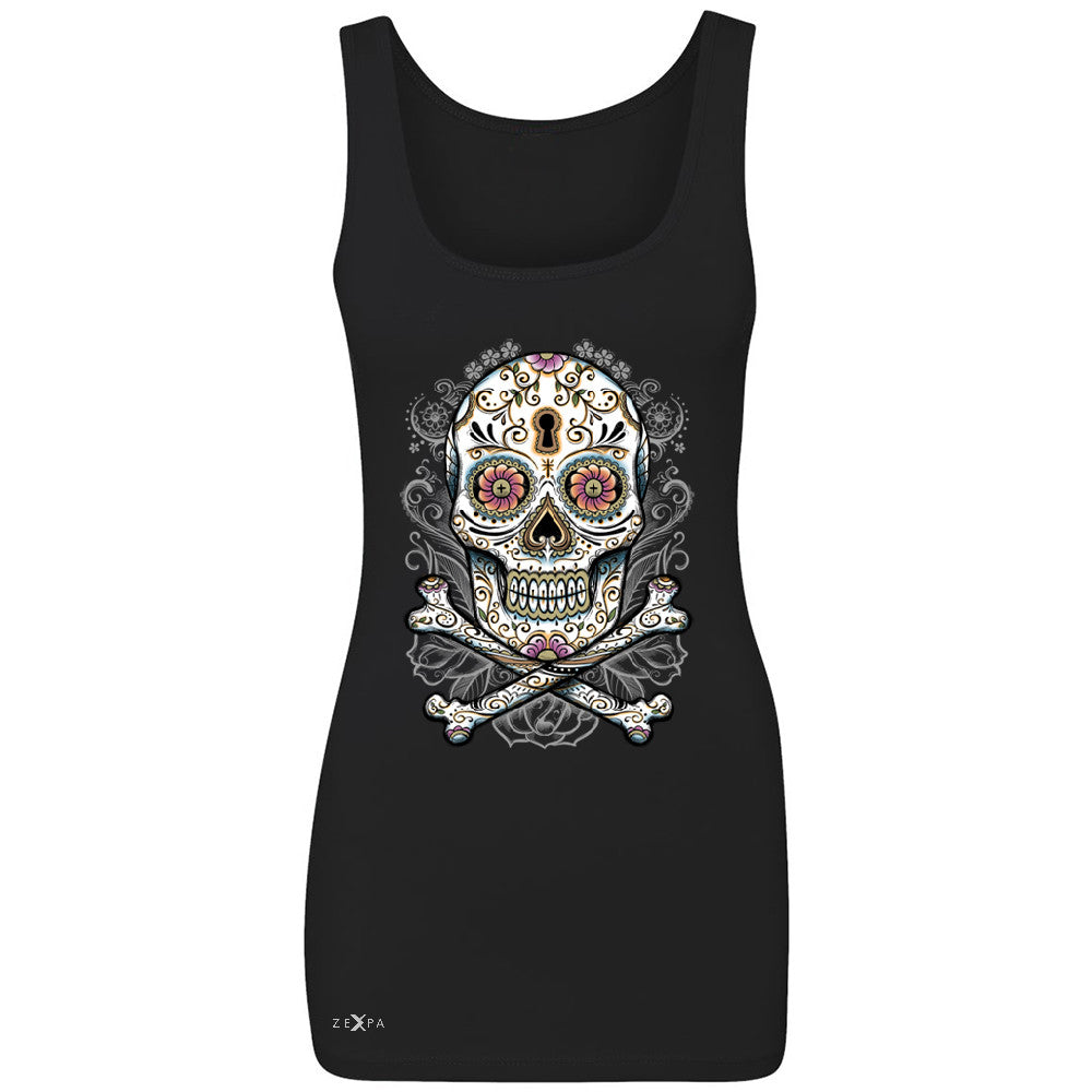 Floral Skull Women's Tank Top Dia de Muertos Sugar Day of The Dead Sleeveless - Zexpa Apparel - 1