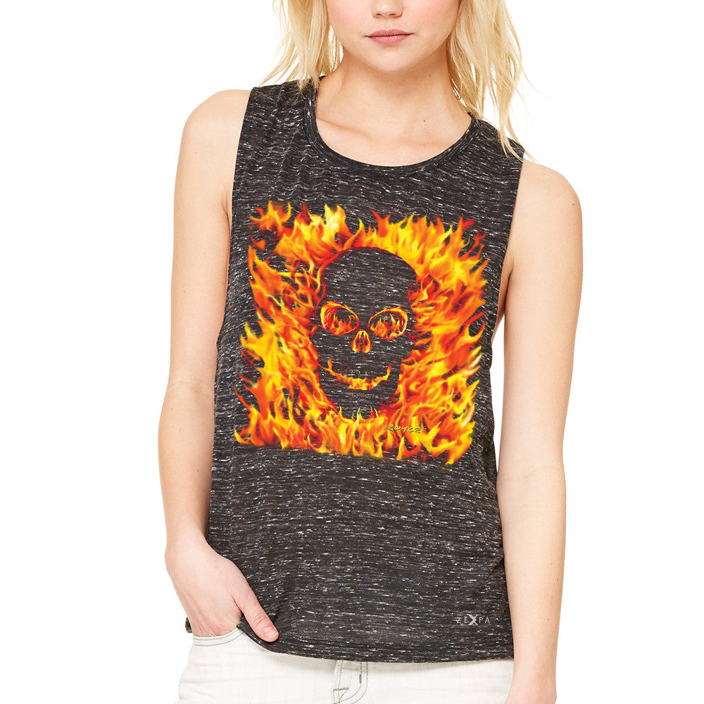 Fire Skull Women's Muscle Tee Dia de Muertos Ghost Rider Biker Cool Tanks - Zexpa Apparel - 3