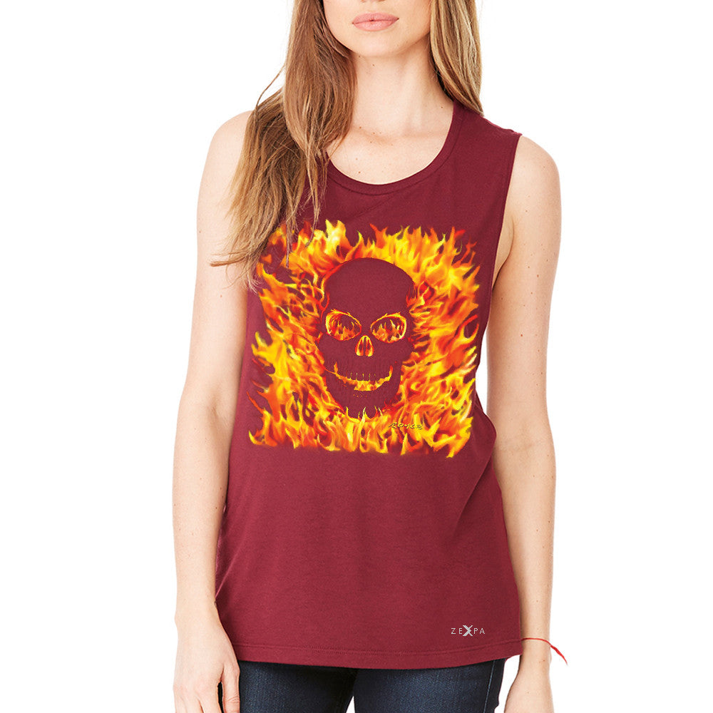 Fire Skull Women's Muscle Tee Dia de Muertos Ghost Rider Biker Cool Tanks - Zexpa Apparel - 4