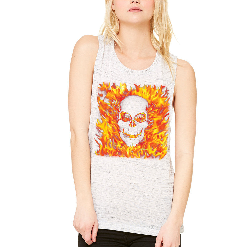 Fire Skull Women's Muscle Tee Dia de Muertos Ghost Rider Biker Cool Tanks - Zexpa Apparel - 5