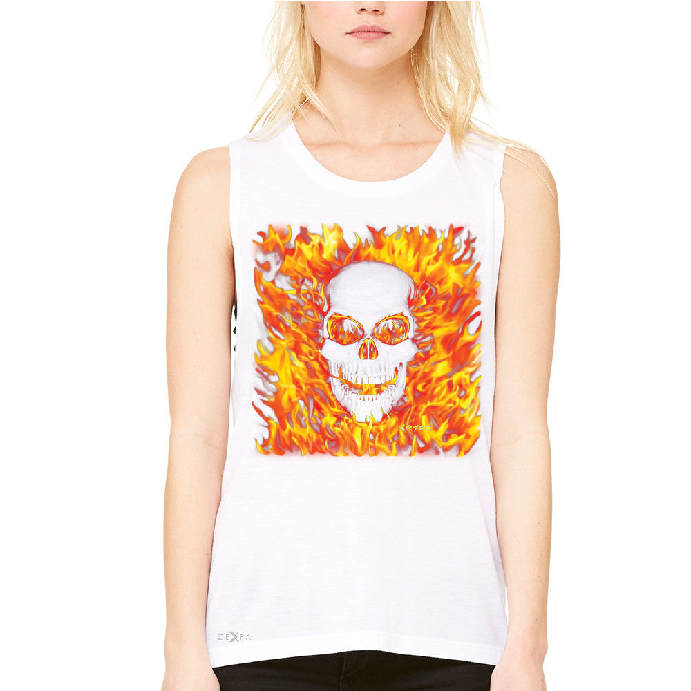 Fire Skull Women's Muscle Tee Dia de Muertos Ghost Rider Biker Cool Tanks - Zexpa Apparel - 6