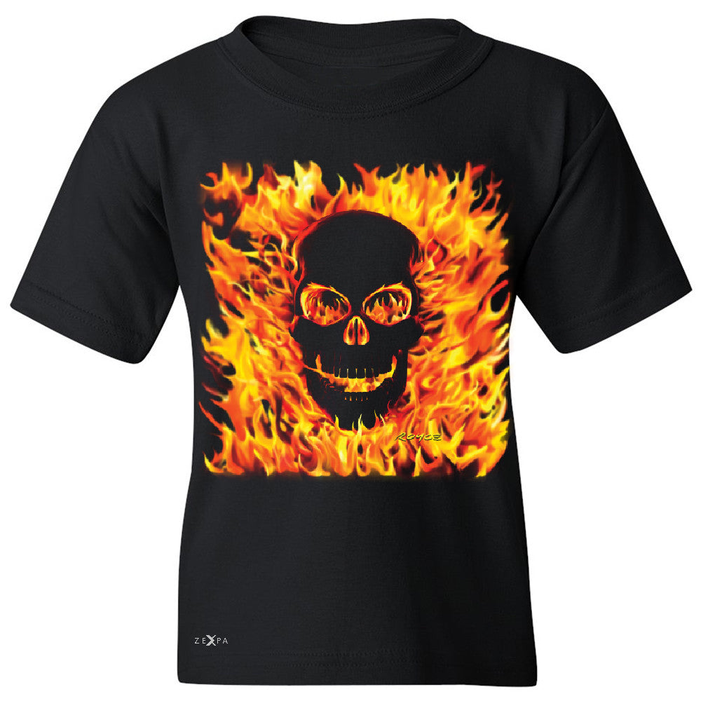 Fire Skull Youth T-shirt Dia de Muertos Ghost Rider Biker Cool Tee - Zexpa Apparel - 1