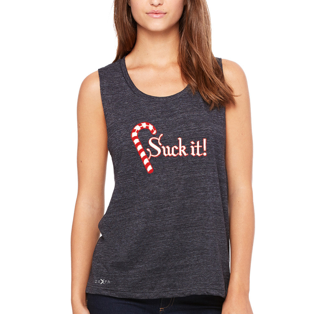 Suck It! Sugar Candy Cane  Women's Muscle Tee Christmas Xmas Funny Tanks - Zexpa Apparel - 1