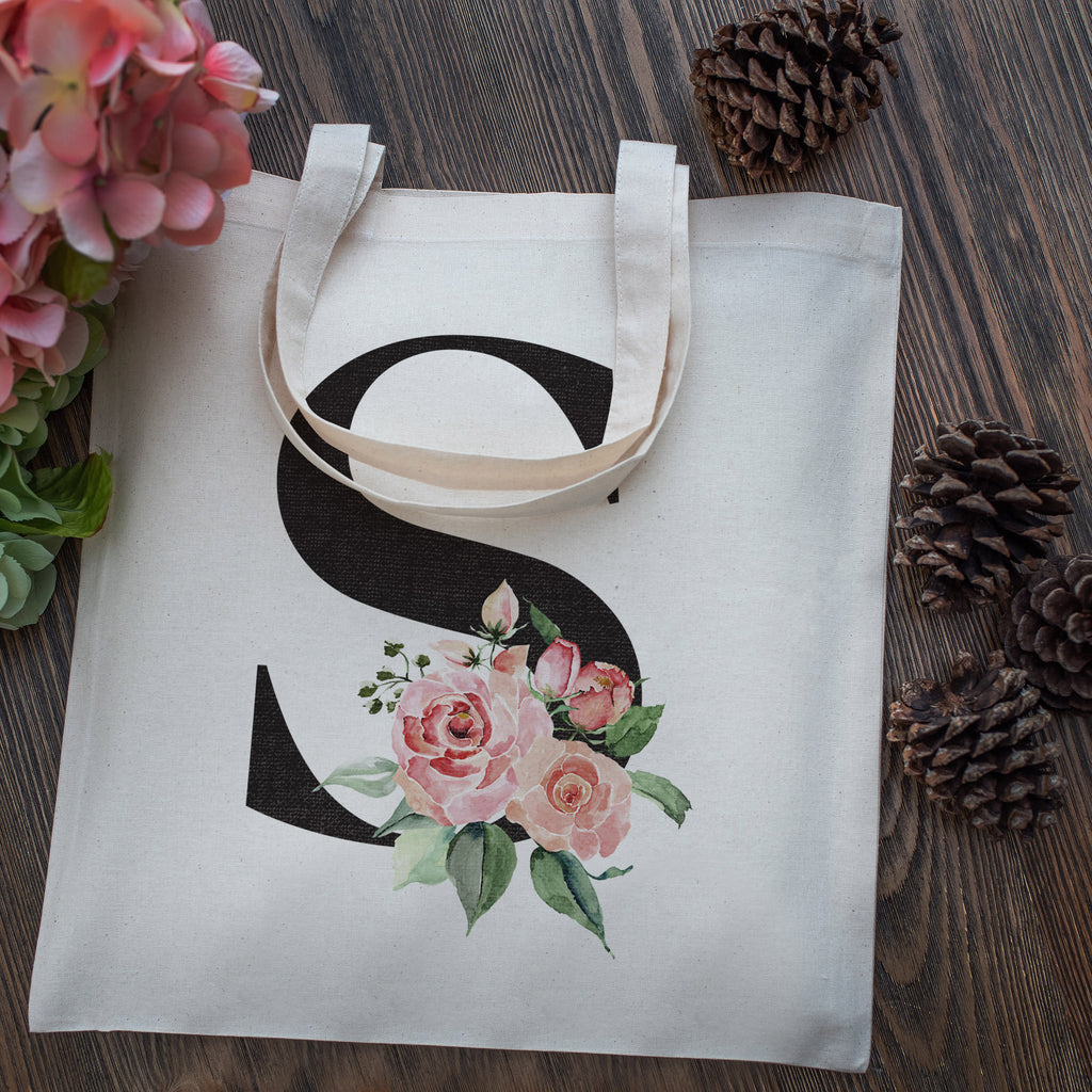 Personalized Floral Initial Cotton Canvas Tote Bag for Events Bachelorette Party Baby Shower Bridal Shower Bridesmaid Christmas Gift Bag | Totes for Yoga Pilates Gym Workout | Reusable Bags for Shool