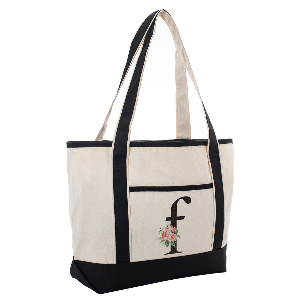 Black Linen Canvas Tote Bag Floral Initial For Beach Workout Yoga