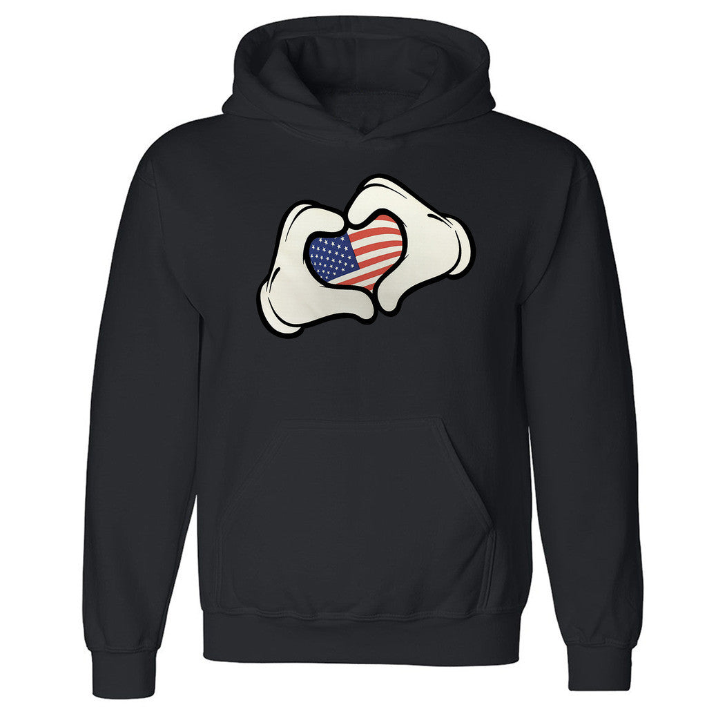 Zexpa Apparelâ„¢ Cartoon Hand Heart USA Flag Unisex Hoodie Patriotic Love Hooded Sweatshirt