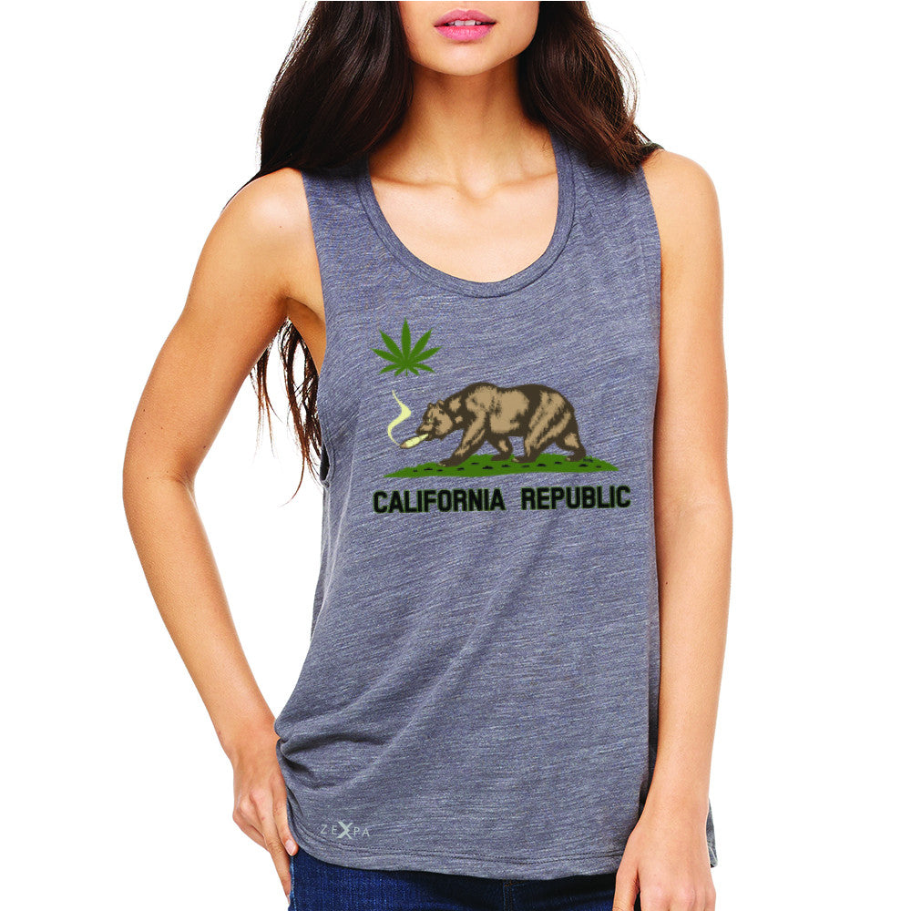 California Bear Weed Smoker Joint Women's Muscle Tee Fun Humor Sleeveless - Zexpa Apparel Halloween Christmas Shirts